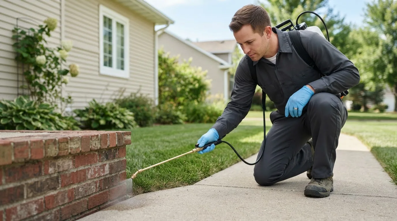 Pest control technician treating a home near Broadway, OH