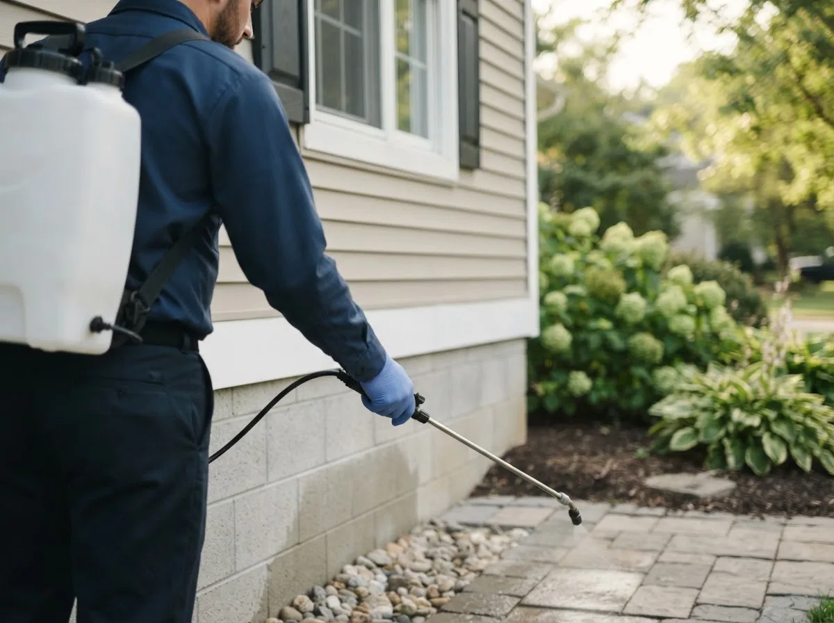 Pest control technician inspecting a home in Broadway, OH